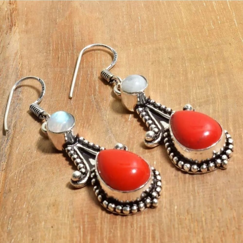 Coral Rainbow Moonstone Handmade Drop Dangle Earrings Jewelry 2"